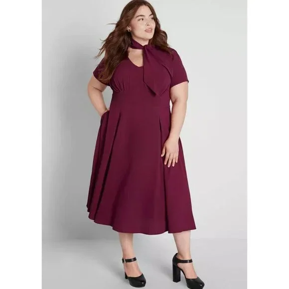 Modcloth | Dresses | Modcloth X Collectif Xl Swing Time Midi Dress Wine Red Maroon  Burgundy Tie Neck | Poshmark